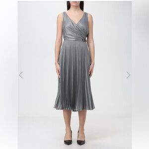 Ralph Lauren Silver Midi Dress Pleated Sleeveless Sz 10